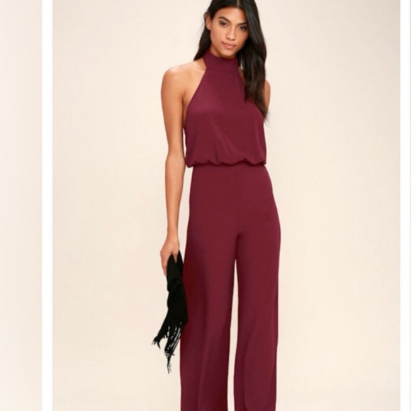 Lulus Pants - Lulu's Chic Burgundy Halter Jumpsuit
